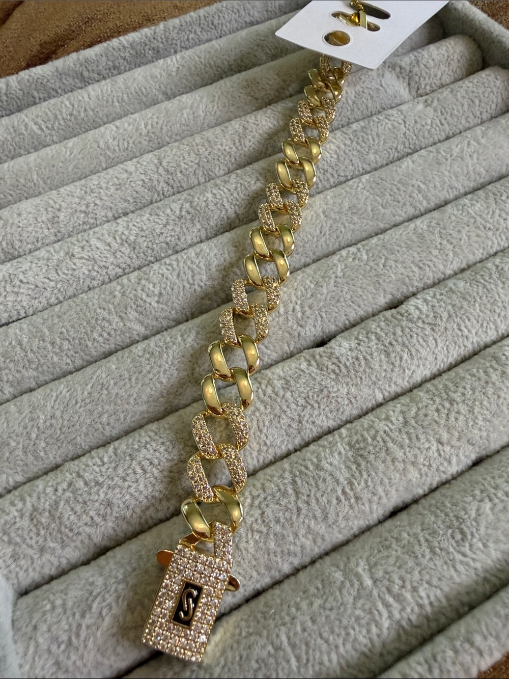 Gold Pave Cuban Link Bracelet with Lock Pendant